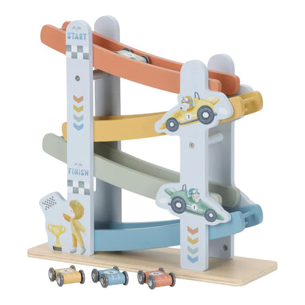 Little Dutch houten rollerbaan met vier kleurrijke autootjes, te koop bij De Gele Flamingo.