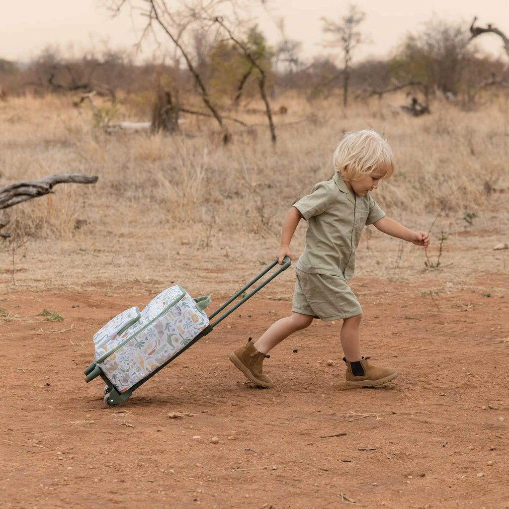 Safari Friends kinderkoffer van Little Dutch met 2 vaste wielen en 2 pootjes, De Gele Flamingo.