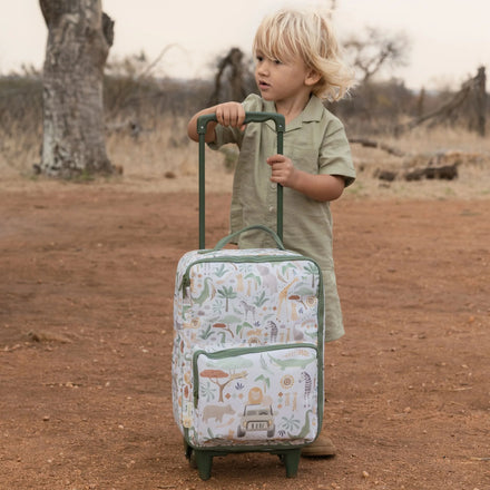 Kinderkoffer trolley Safari Friends van Little Dutch met bagagelabel, gevonden bij De Gele Flamingo.