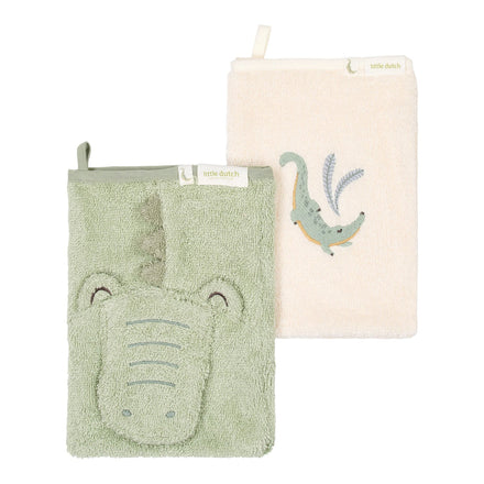 Little Dutch Washandjes Set Krokodil groen, de twee washandjes naast elkaar