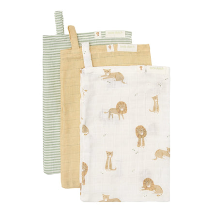 Little Dutch Washandjes Set Safari Leo, de drie washandjes naast elkaar