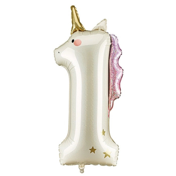 Party Deco folieballon eenhoorn cijfer 1 in crème met gouden hoorn en roze glittermanen, bij De Gele Flamingo.