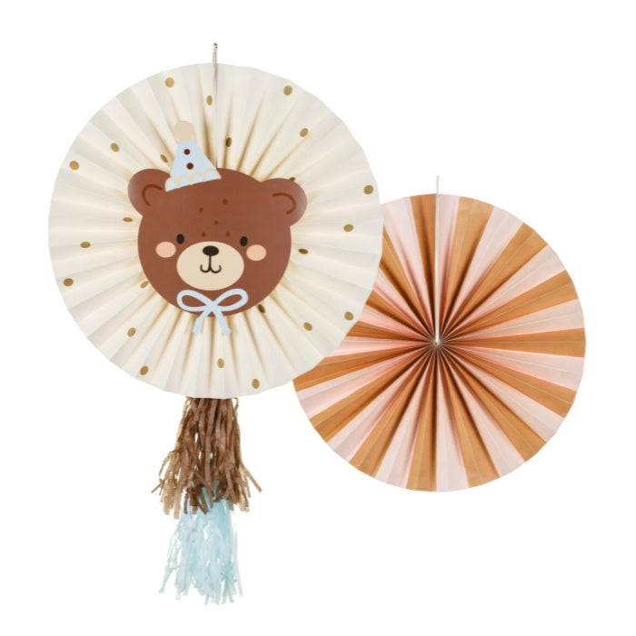 Party Deco papieren waaiers met teddybeerthema, set van 2 in beige en lichtroze, bij De Gele Flamingo.
