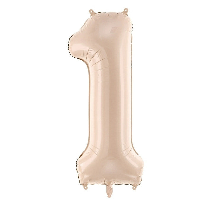Party Deco folieballon van 72 cm met cijfer 1 in pastel beige, feestdecoratie bij De Gele Flamingo.
