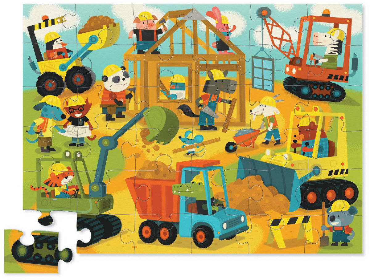 Crocodile Creek Shaped Box puzzel Busy Builders met 36 stukjes, te koop bij De Gele Flamingo.