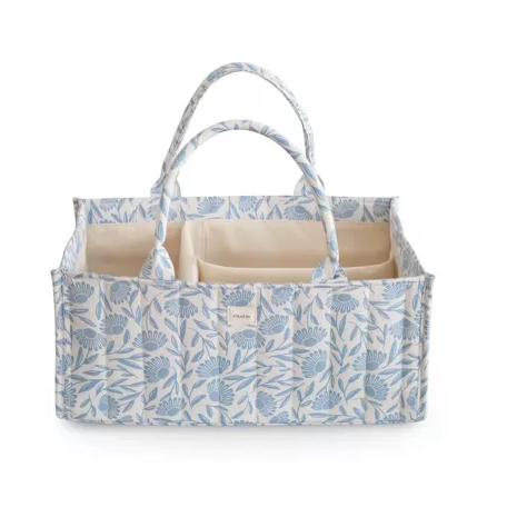 Mushie Luierorganizer met blauwe bloemen, stijlvolle luiermand van De Gele Flamingo.
