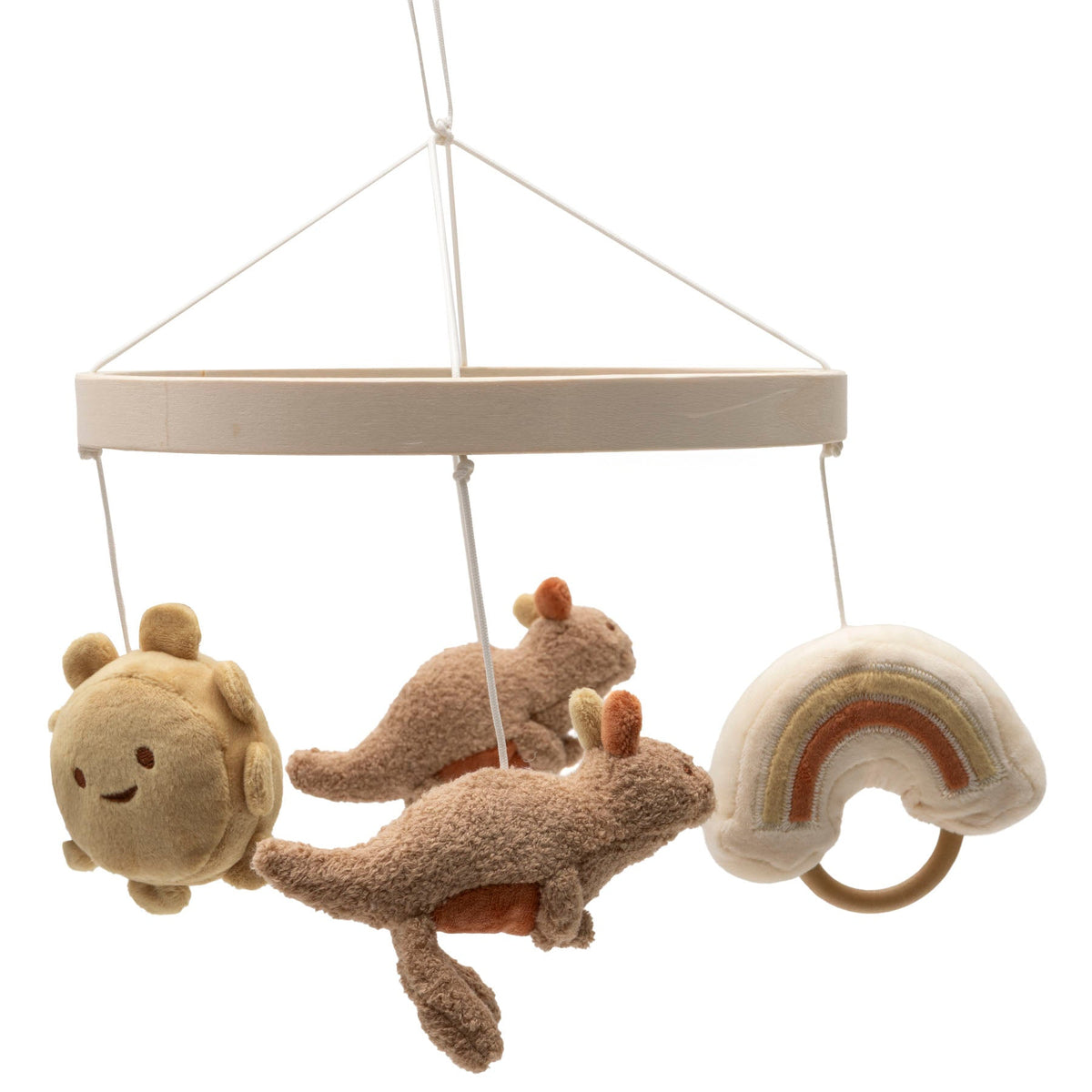 Jollein Babymobiel Kangaroots met twee zachte kangoeroes aan een houten ring, De Gele Flamingo.