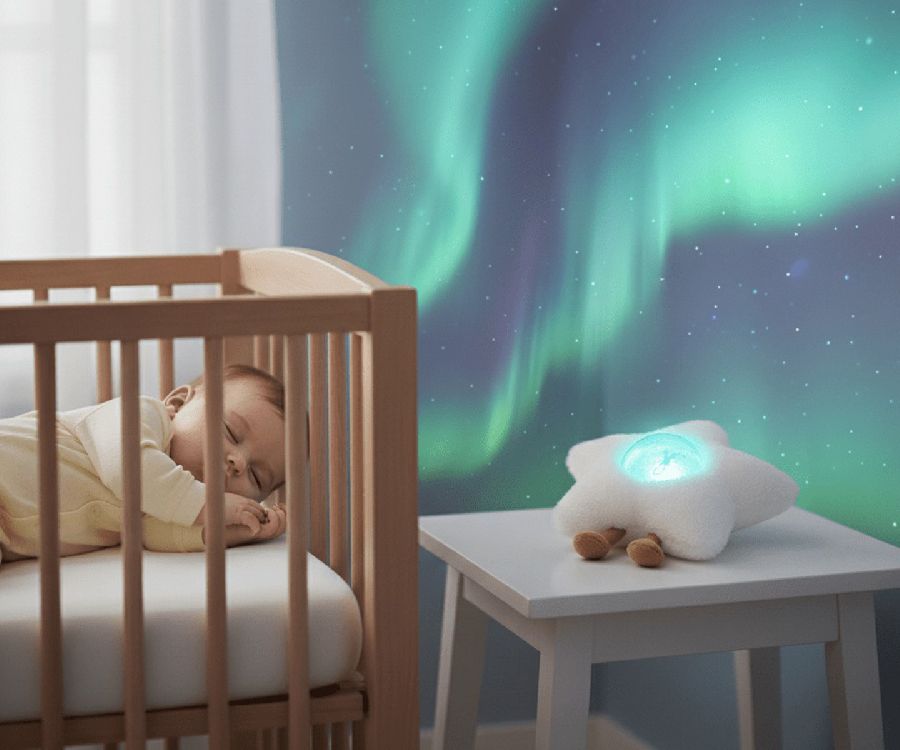 Zazu Galaxy Projector Gaia projecteert een zacht noorderlicht-effect op plafond en muren, De Gele Flamingo