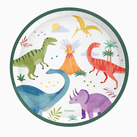 Oh Yeah kartonnen bordjes baby dino's, 6 stuks met diameter 23 cm, bij De Gele Flamingo