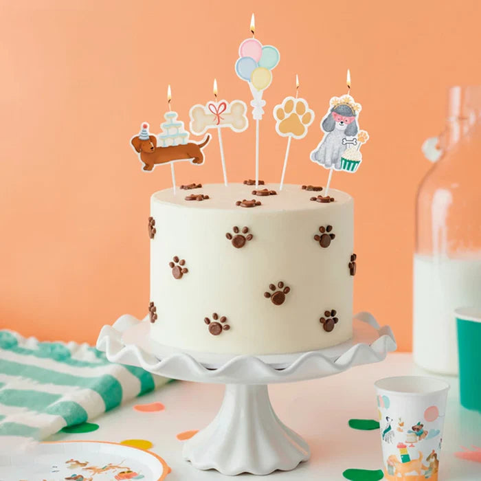 Oh Yeah set van 5 taartkaarsjes met puppy's, feestartikel van De Gele Flamingo
