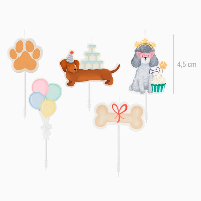 Oh Yeah set van 5 taartkaarsjes met puppy's, feestartikel van De Gele Flamingo