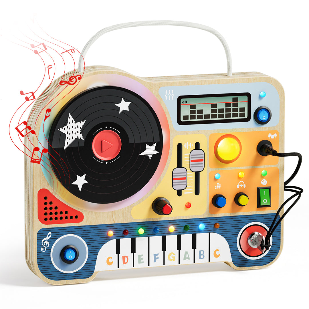Topbright Busy Board DJ, houten activity board met DJ thema voor peuters, bij De Gele Flamingo.