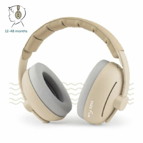 Zazu gehoorbescherming Baby en Junior 2-in-1 in taupe, geluidsdemping tot 25 dB, bij De Gele Flamingo