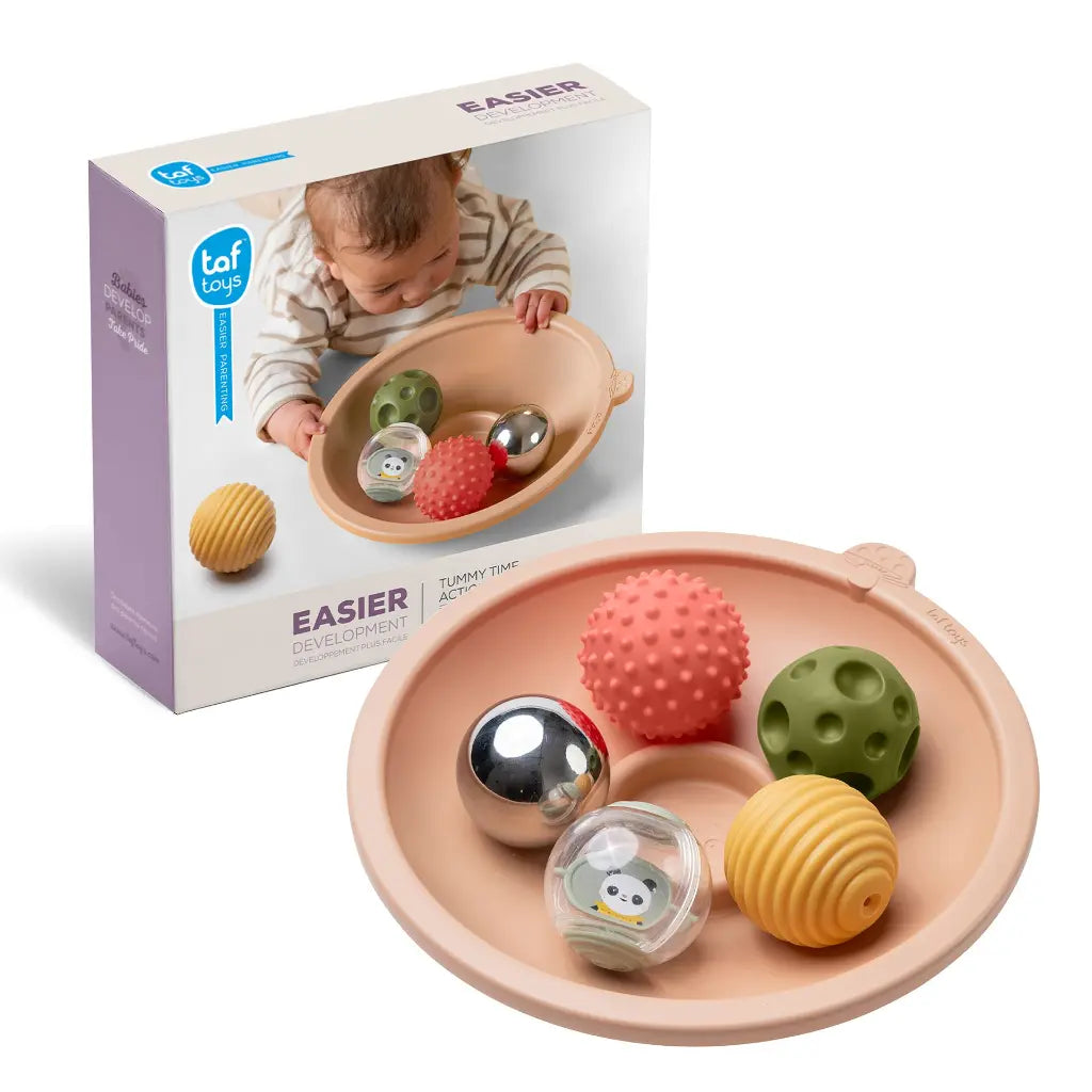 Taf Toys Tummy Timy Action Tray voor tummy time met baby, verkrijgbaar bij De Gele Flamingo.