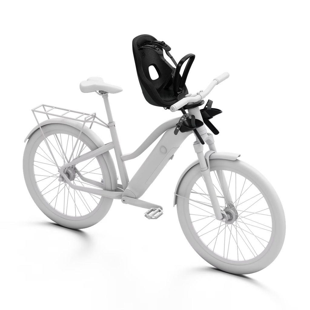Thule Yepp Nexxt 2 Mini fietsstoel voorop zwart met ingebouwde reflector en verstelbare voetsteunen.