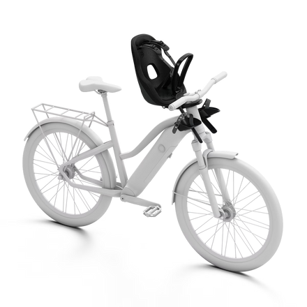 Thule Yepp Nexxt 2 Mini fietsstoel voorop zwart met ingebouwde reflector en verstelbare voetsteunen.