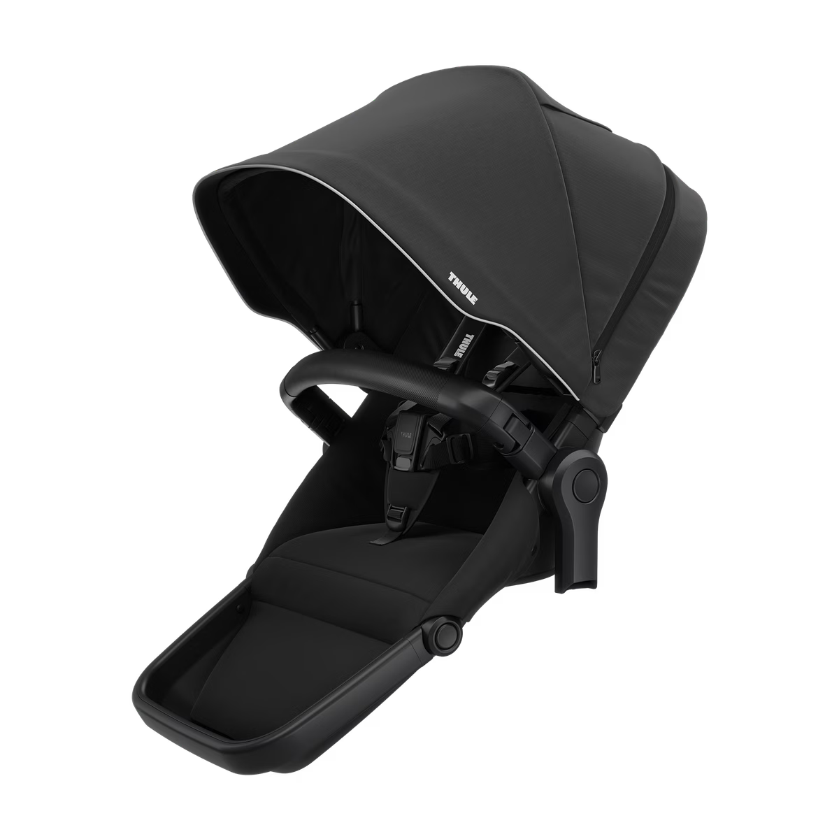 Thule Sleek 2 Sibling Seat in het zwart, tweede zit voor de kinderwagen bij De Gele Flamingo.