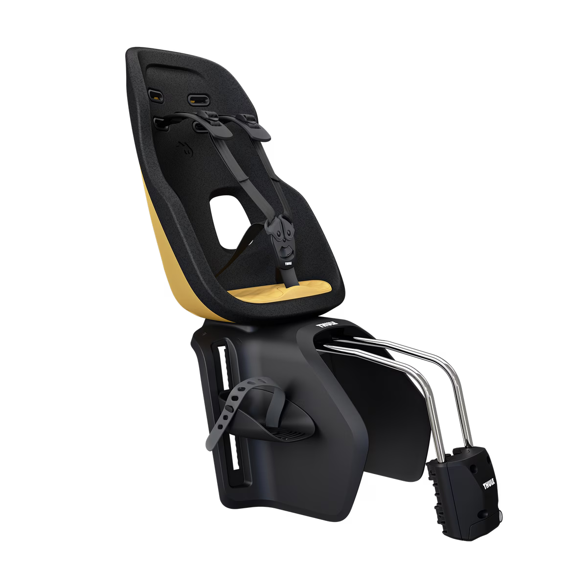 Thule Yepp Nexxt 2 Maxi fietsstoel in Burnished Yellow voor framemontage, bij De Gele Flamingo