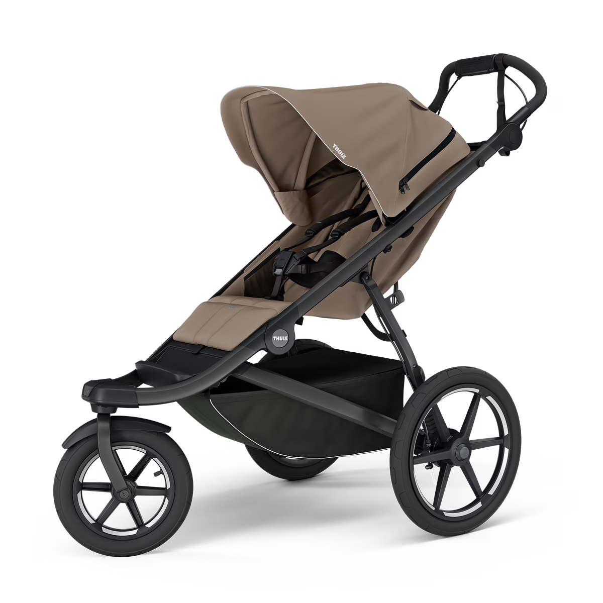 Thule Urban Glide 3 kinderwagen in Tinted Taupe met magnetische gesp, verkrijgbaar bij De Gele Flamingo.