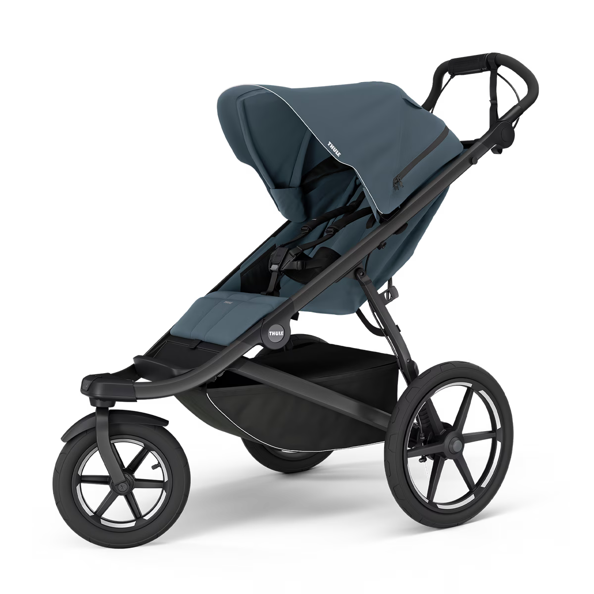 Thule Urban Glide 3 kinderwagen in Dark Slate met magnetische gesp, verkrijgbaar bij De Gele Flamingo.