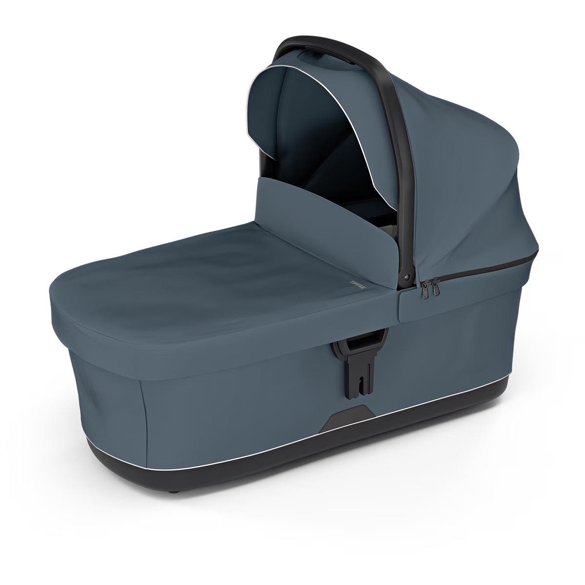 Thule reiswieg in Dark Slate klikt op een compatibele Thule kinderwagen, van De Gele Flamingo.