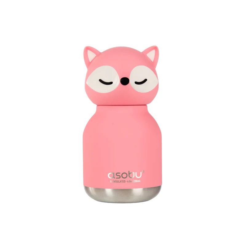 Asobu Mini Bestie drinkfles sleutelhanger van 200 ml met roze vos karakter-head, bij De Gele Flamingo.