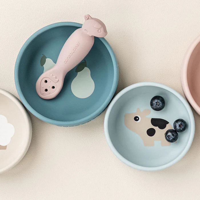 Done By Deer Silicone Kom Set 2st Dotti Blue met twee formaten, bij De Gele Flamingo.