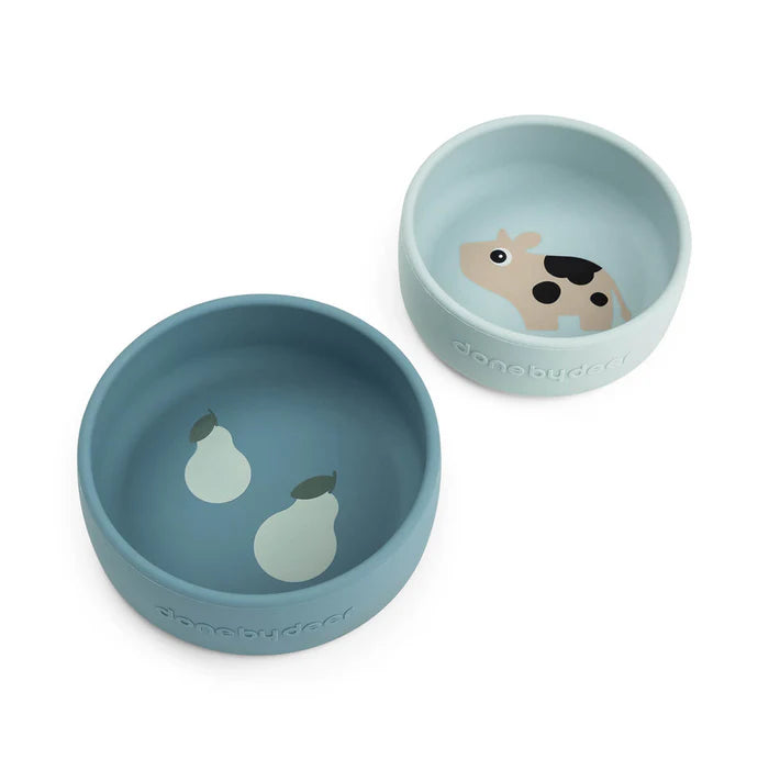 Done By Deer Silicone Kom Set 2st Dotti Blue met twee formaten, bij De Gele Flamingo.