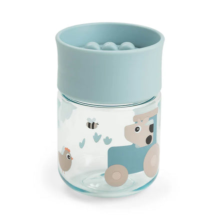 Done By Deer leerbeker 360° in Tiny Farm Blue met lekvrij ontwerp, te koop bij De Gele Flamingo