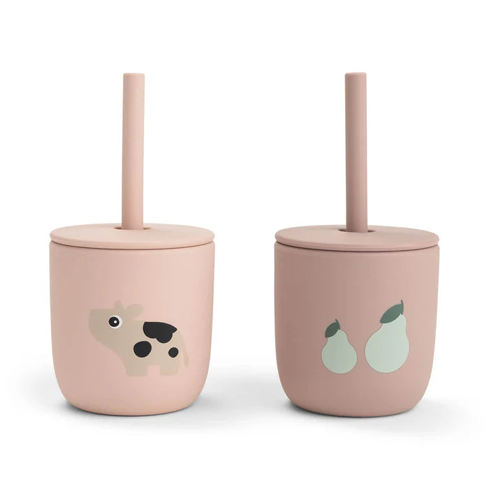 Done By Deer siliconen rietjesbeker 2-pack in Tiny Farm Powder, verkrijgbaar bij De Gele Flamingo