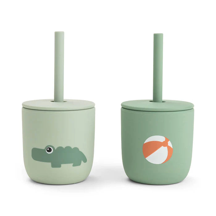 Done By Deer siliconen rietjesbeker 2-pack in Playground Green, te koop bij De Gele Flamingo