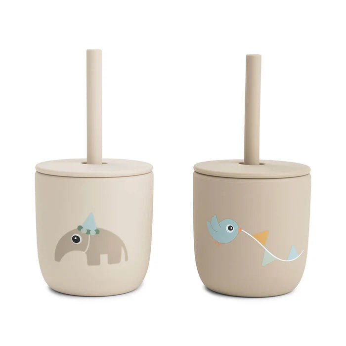 Done By Deer siliconen rietjesbeker 2-pack in Celebration Sand, uit de collectie van De Gele Flamingo