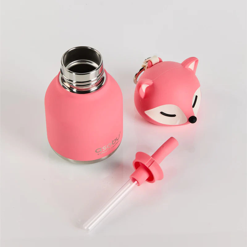 Asobu Mini Bestie drinkfles sleutelhanger van 200 ml met roze vos karakter-head, bij De Gele Flamingo.