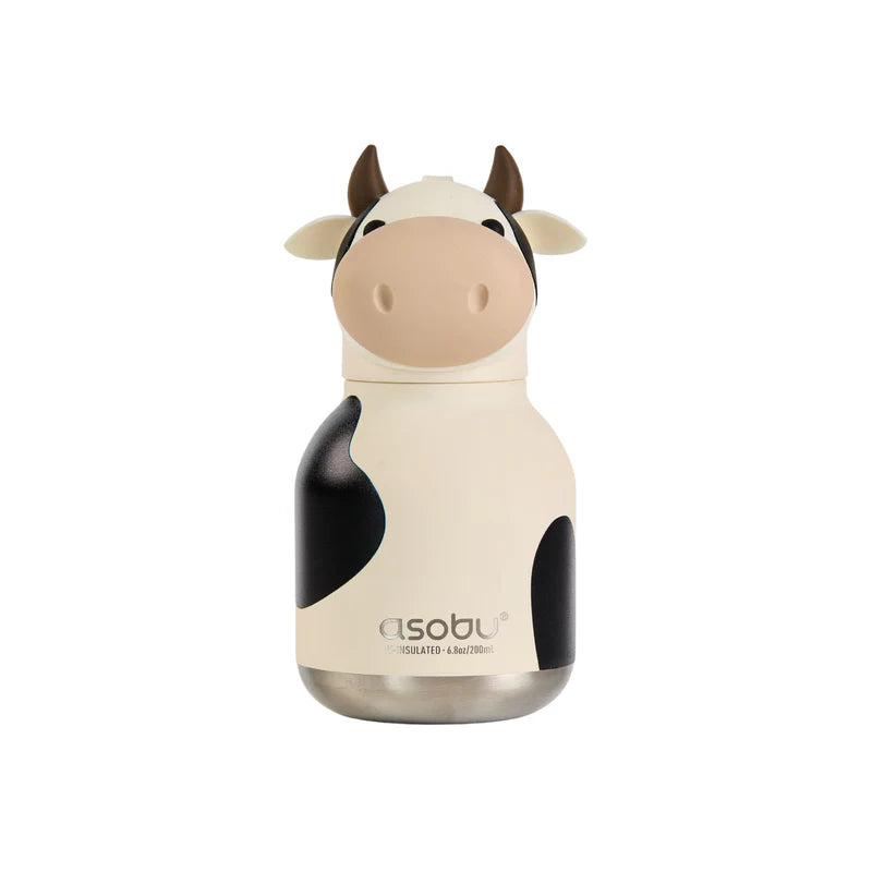 Asobu Mini Bestie drinkfles sleutelhanger van 200 ml met koe karakter-head, bij De Gele Flamingo.