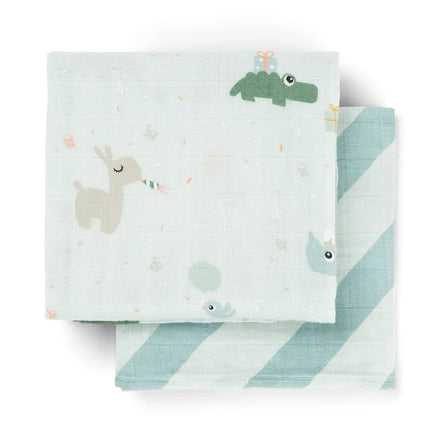 Done By Deer hydrofiele doeken Celebration Blue, set van 2 van 65x65 cm, verkrijgbaar bij De Gele Flamingo.