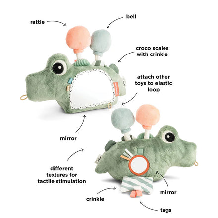 Done By Deer activiteitenspeeltje Croco Green met tactiele en auditieve details, bij De Gele Flamingo.