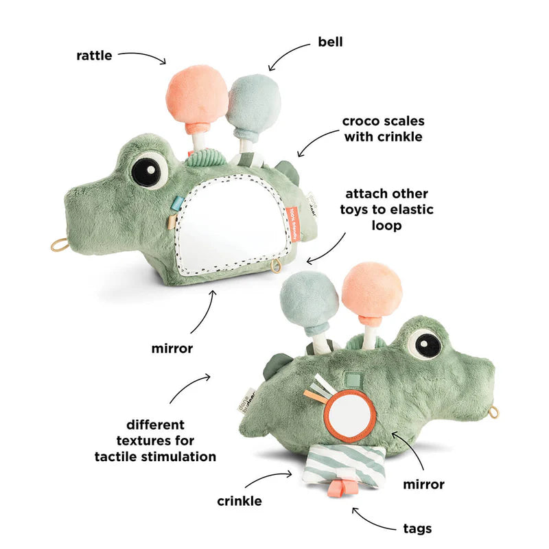 Done By Deer activiteitenspeeltje Croco Green met tactiele en auditieve details, bij De Gele Flamingo.