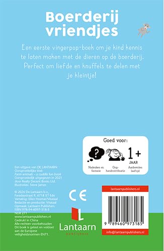 De Lantaarn vingerpopboek Boerderij Vriendjes met zacht knuffeltje, vanaf 1 jaar, bij De Gele Flamingo.