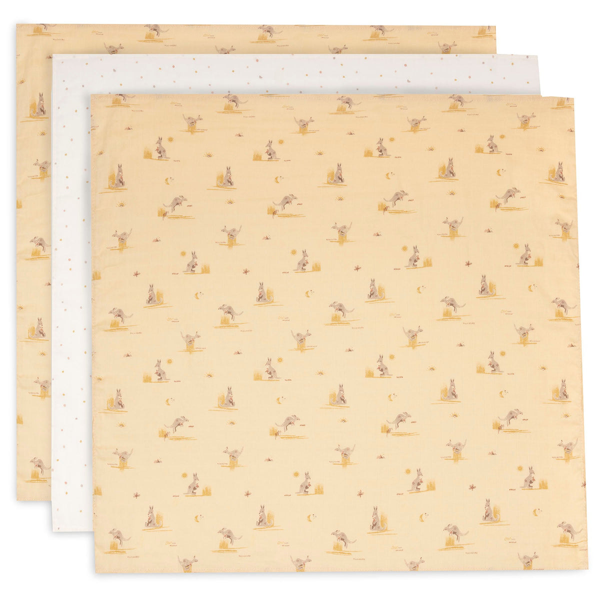 Jollein hydrofiele doeken 70x70cm Kangaroots, set van 3, bij De Gele Flamingo