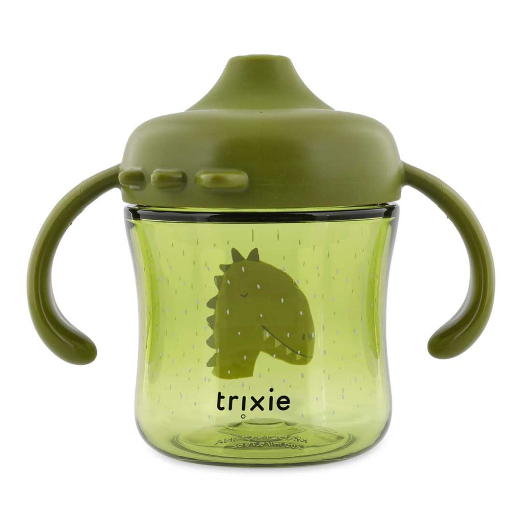 Trixie Tritan Tuitbeker 200ml met handvaten in Mr. Dino print, anti-lek ontwerp, bij De Gele Flamingo