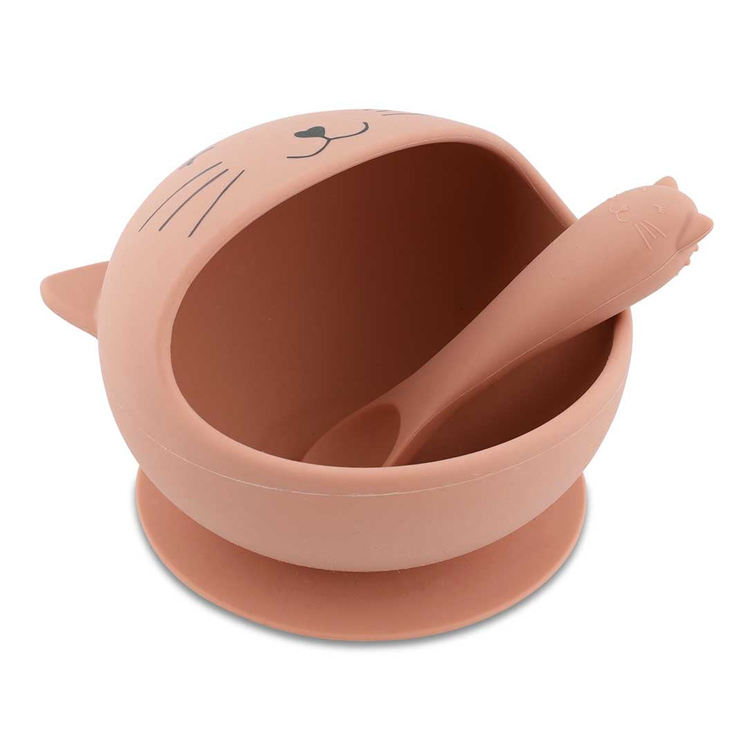 Trixie Silicone Bowl met zuignap en lepel Mrs Cat, siliconen eetset bij De Gele Flamingo