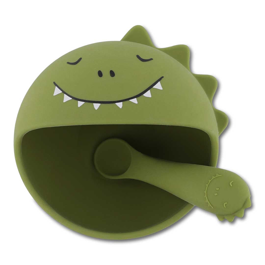 Trixie Silicone Bowl met zuignap en lepel Mr. Dino, eetset van De Gele Flamingo