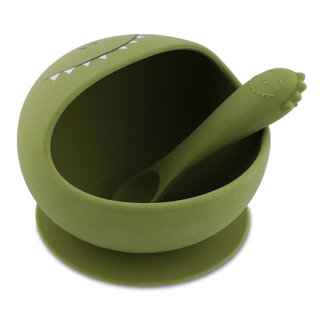Trixie Silicone Bowl met zuignap en lepel Mr. Dino, eetset van De Gele Flamingo