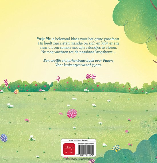 Vosje Vic wacht met zijn rieten mandje op de paashaas, prentenboek van Clavis bij De Gele Flamingo.