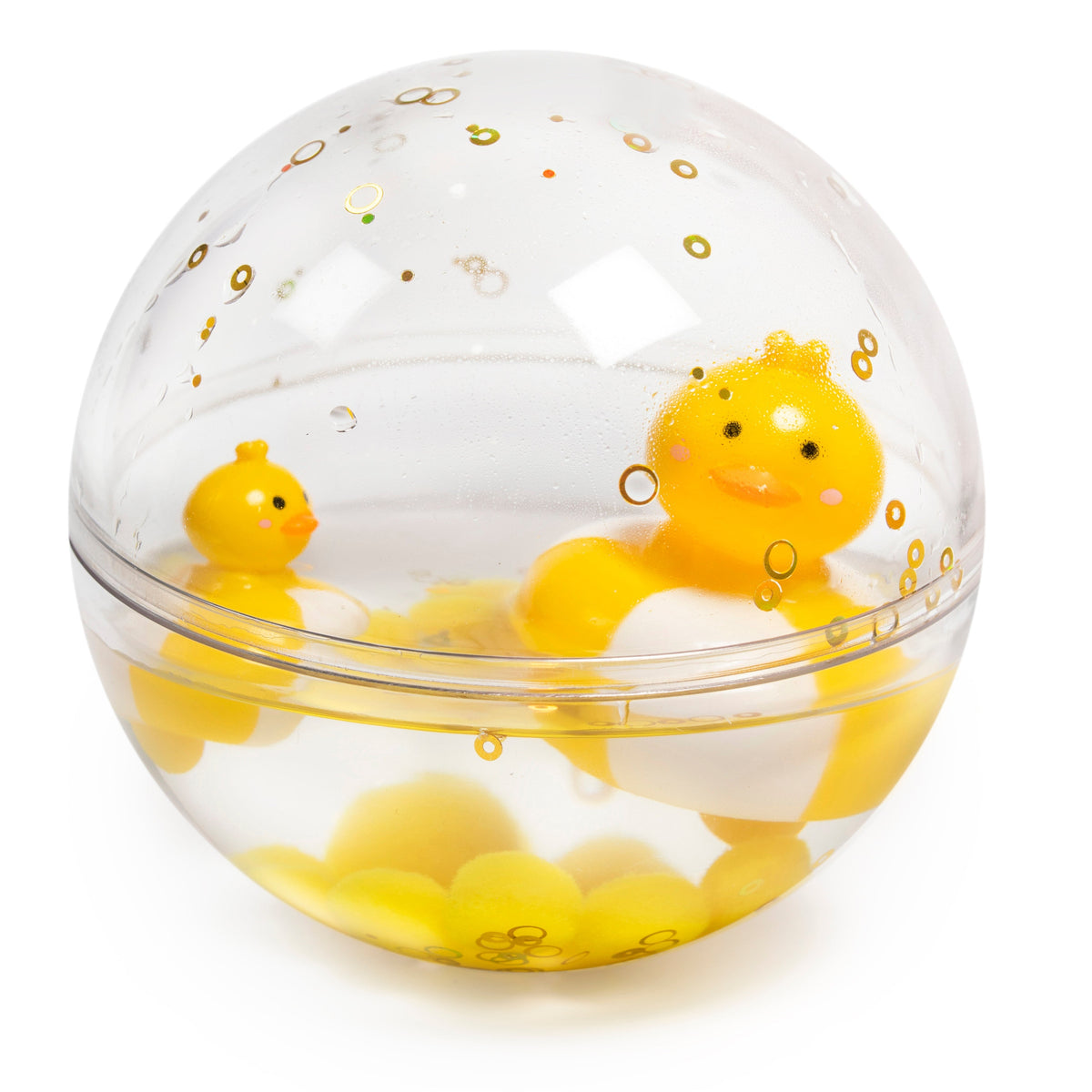 Petit Boum Happy Bubbles met eendje, sensorische badbal vol glitters bij De Gele Flamingo.