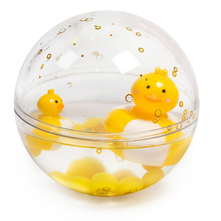 Petit Boum Happy Bubbles met eendje, sensorische badbal vol glitters bij De Gele Flamingo.