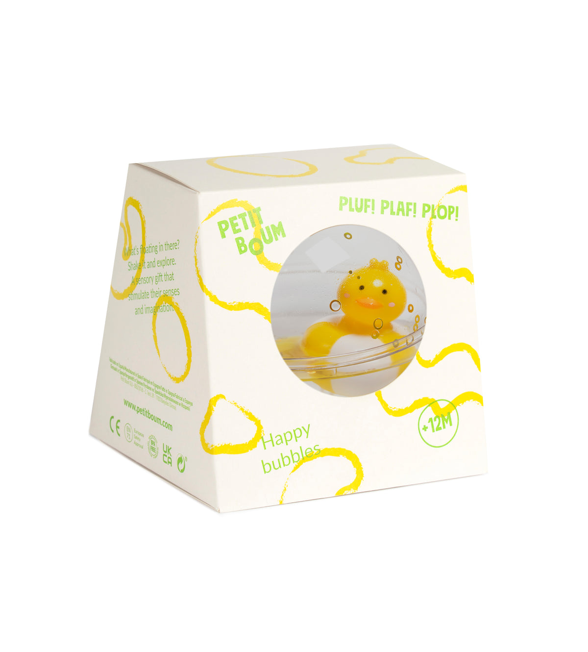 Petit Boum Happy Bubbles met eendje, sensorische badbal vol glitters bij De Gele Flamingo.
