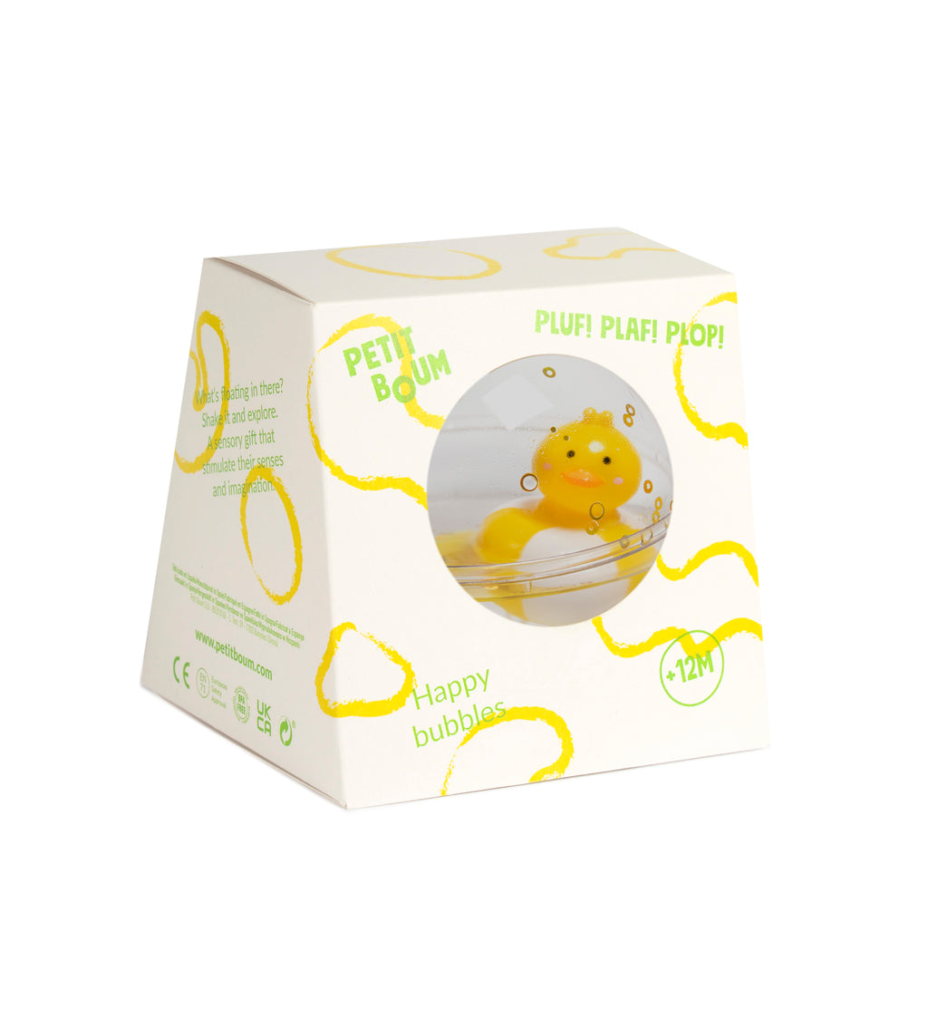 Happy Bubbles eendje van Petit Boum, bal van 10 cm voor waterpret bij De Gele Flamingo.