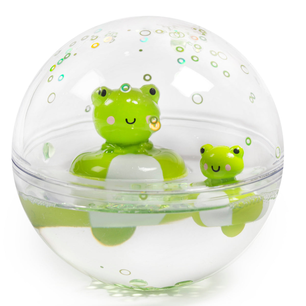 Petit Boum Happy Bubbles met kikker, sensorische badbal vol glitters bij De Gele Flamingo.