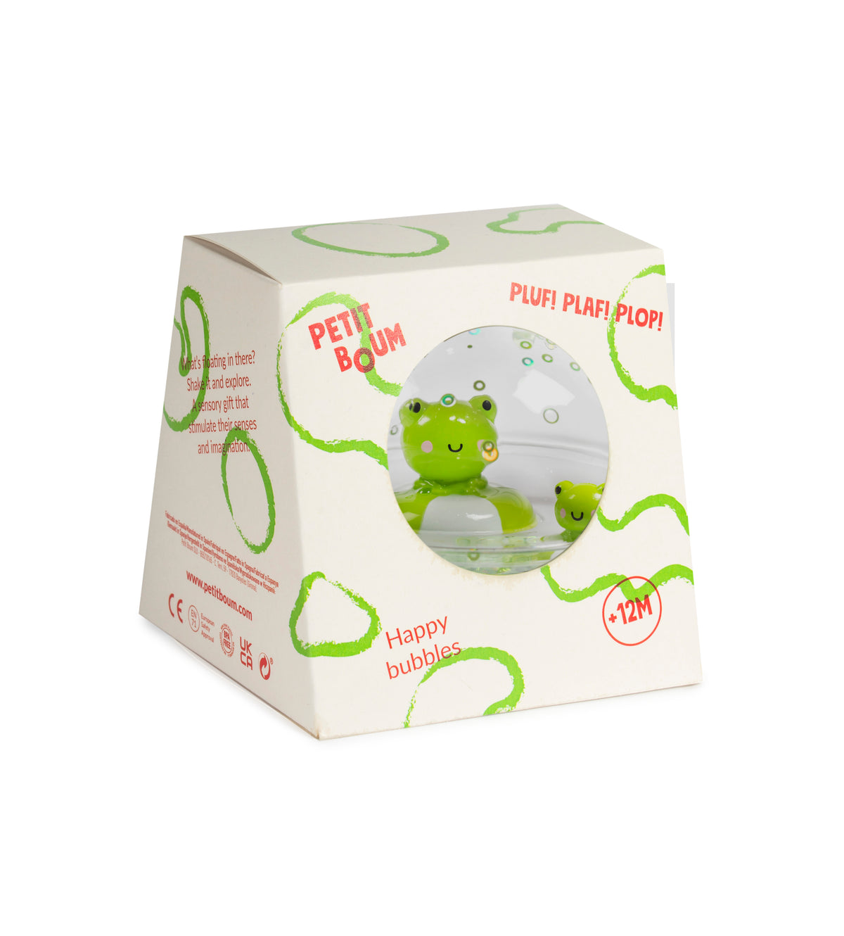 Petit Boum Happy Bubbles met kikker, sensorische badbal vol glitters bij De Gele Flamingo.